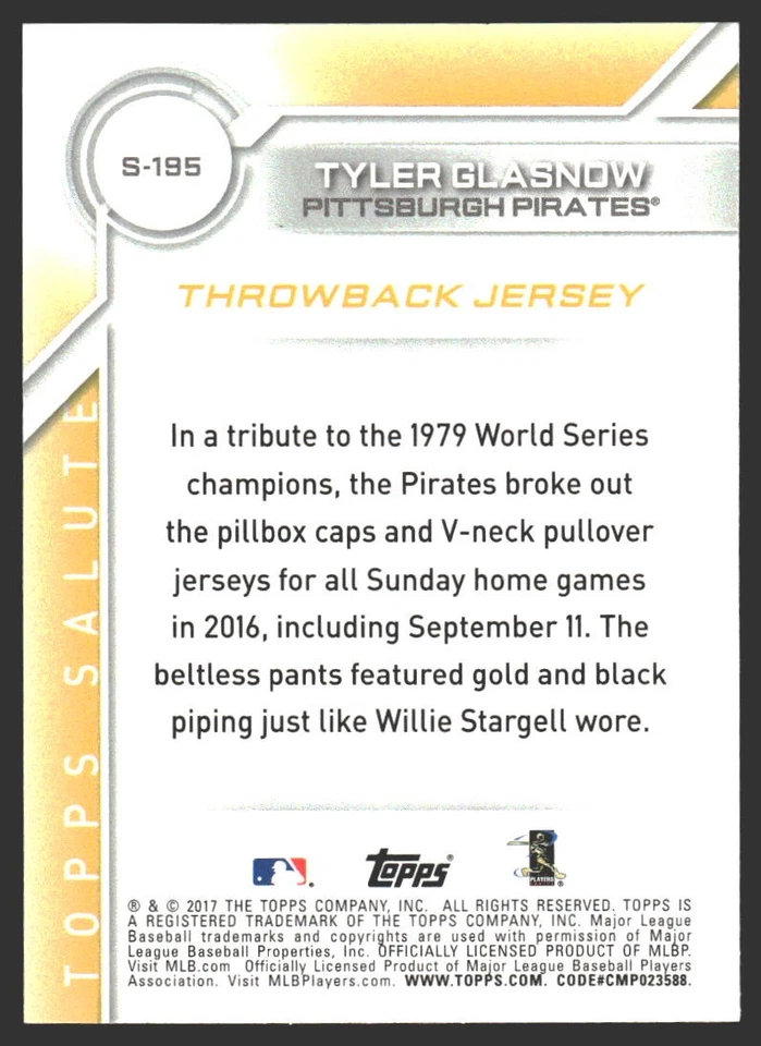 Tyler Glasnow #S-195 2017 Topps Salute Pittsburgh Pirates - Image 2 of 2