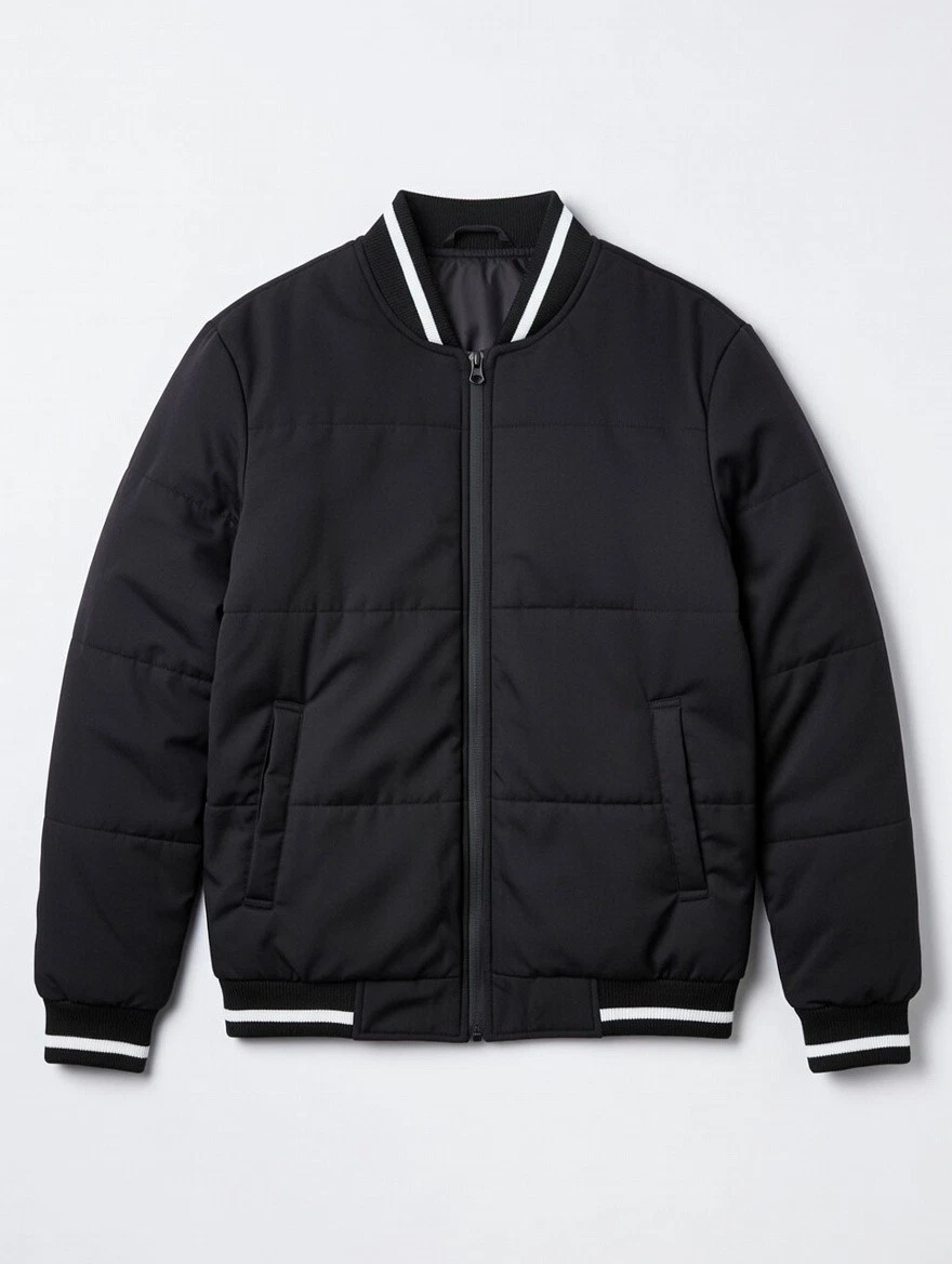 Men's Black Bomber Jacket Zip Front Striped Ribbed Collar Cuffs Hem Short Size M