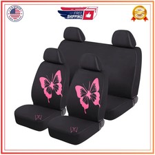 Auto Drive Universal Fit Pink Butterfly Print Seat Covers Black Polyester Set