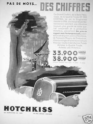 PRESSEWERBUNG 1935 AUTOS HOTCHKISS KEINE WORTE ... ZAHLEN