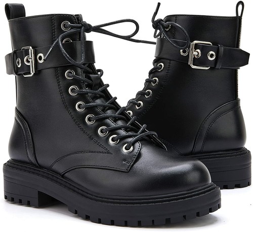 Fashion Buckle Low Heel Combat Boots 
