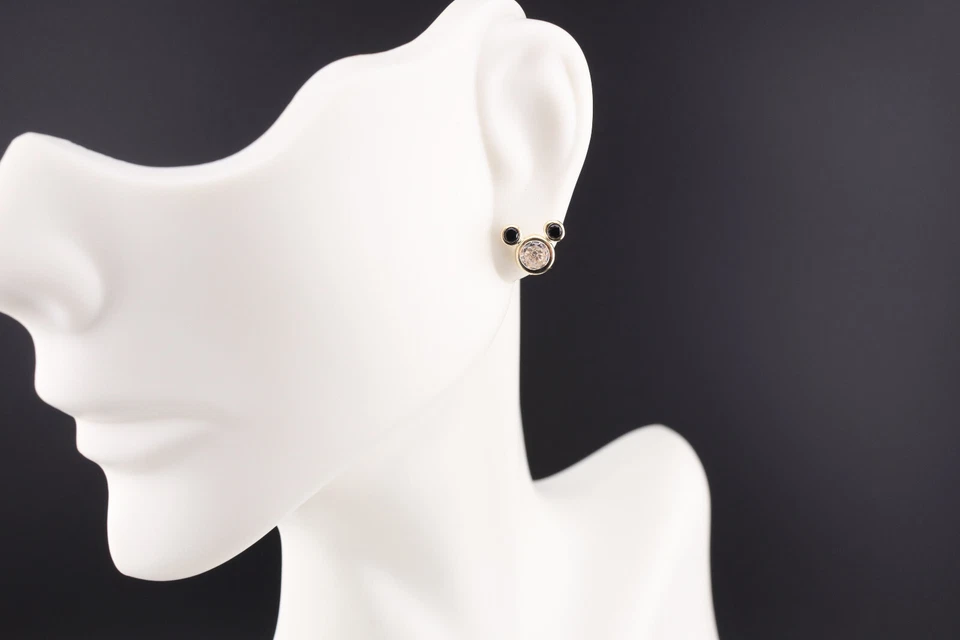 Mini aretes para mujer Mickey Mouse oro 14k novedad orejas negras circonita cúbica Foto 3 de 4