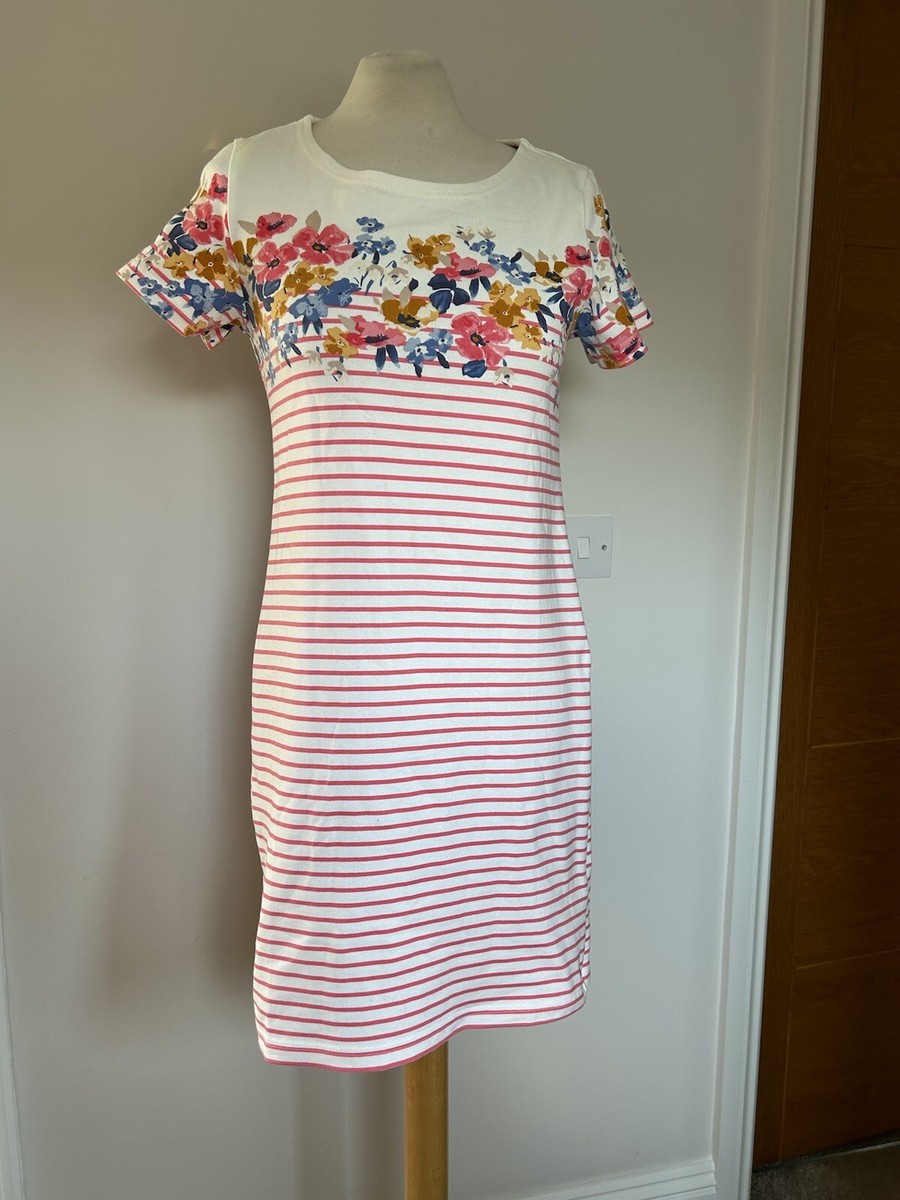 Joules Riviera Print S/S English Border Pink Striped T Shirt Dress Uk 10