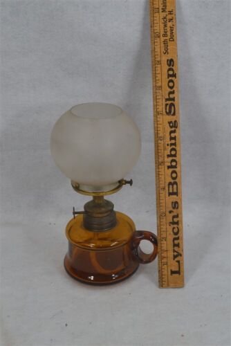 antique oil lamp frosted globe amber glass 8 in finger loop mid 19th original  - 第 1/9 張圖片