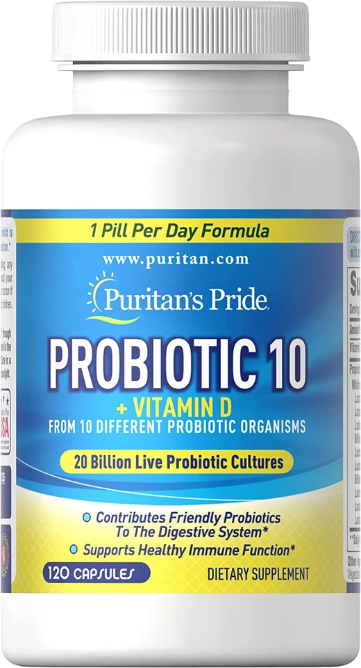 Puritan's Pride Probiótico 10 con Vitamina D para Apoyar la Función Inmune 120 Unidades Foto 2 de 4