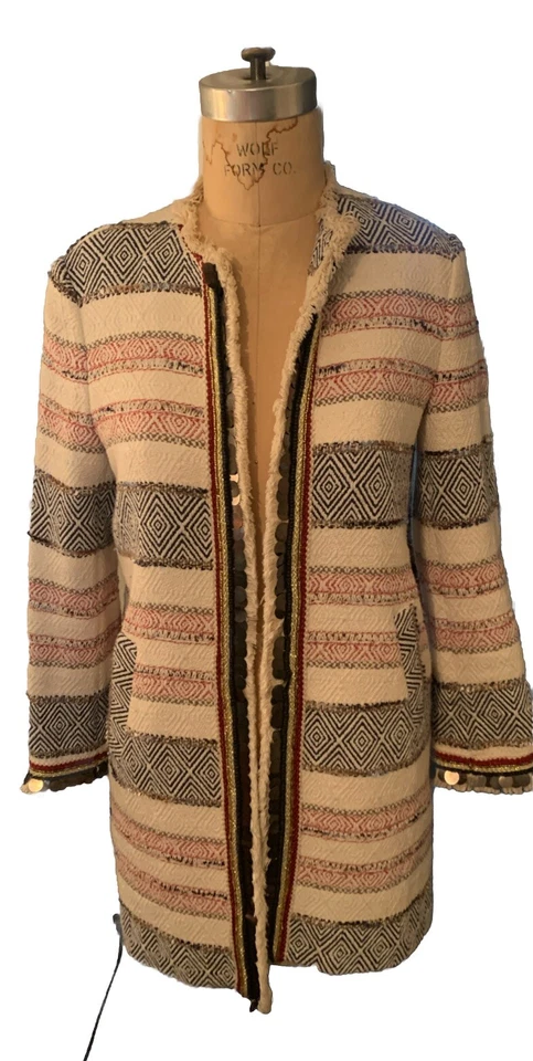 Zara Blue Red & White Fringe Embellished Blazer Long Jacket Textured Boho Small - Image 2 of 4