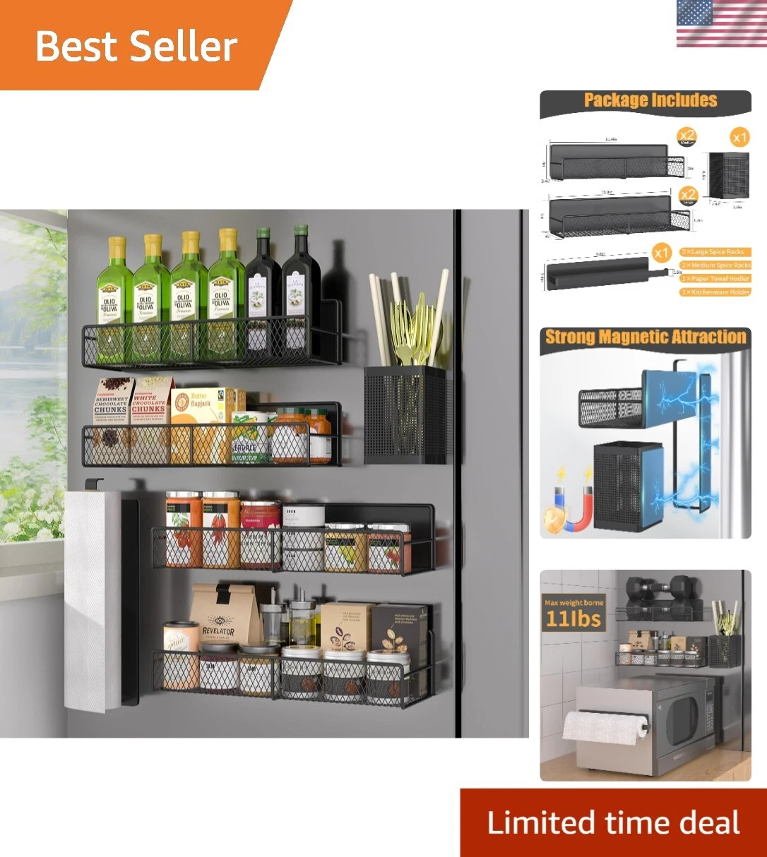 Magnetic Spice Rack Set - 6 Pack Kitchen Organizer with Utensils & Towel Holder