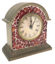 Vintage Brass Table Shelf/Mantle Clock- Red Mosaic Inlay. 6”x6” Heavy- Works!