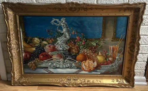 Vtg. "True Fruit" Tin Lithograph by J. Hungerford Smith Co. Metal sign, 37.5x25”