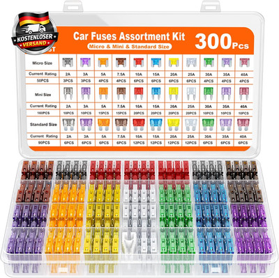 JOREST 300Pcs Kfz Sicherung Set, 160 Mini Flachsicherungen + 90 Standard Sicheru