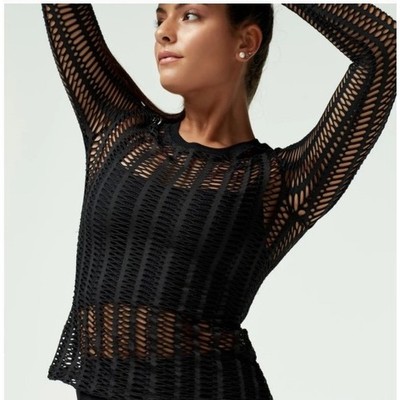 Blanc Noir Linear Mesh Top Long Sleeve Black Sheer Eyelet Casual Layer Goth L