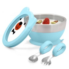 Suction Baby Bowl Set with Spoon  Fork, Double-Wall 18/8 Stainless Steel Bow...