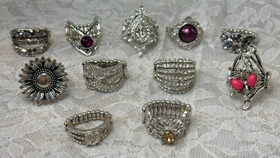 Lot of 11 Stretch Cocktail Rings Rhinestone Statement Adjustable Silver Tone