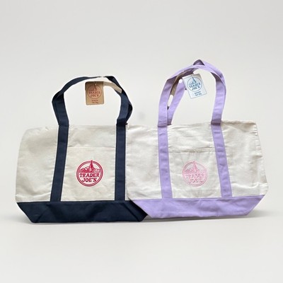 New Set of 2 Large Trader Joe's Canvas Reusable Shopping Bag 1-Navy 1-Lavender