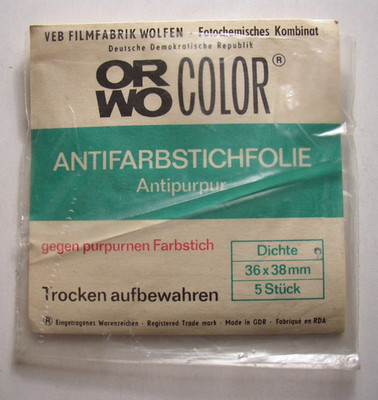ORWO Color Antifarbstichfolie, Antipurpur, Dichte 2, 3 Stück, DDR, 1970er Jahre