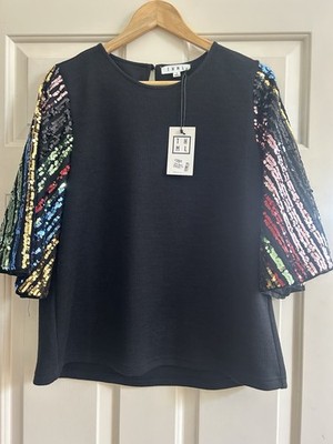 THML Holiday Sparkle Sequin Mixed Media Bell Sleeve Top - Size Large NWT