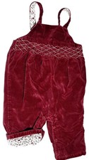 Vintage Janie and Jack Baby Girls Burgundy Velvet Overalls With Smocking Flora