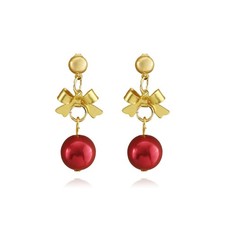 Christmas Bow Earrings for Women Xmas Red Bow Pearl Earrings Dainty Gold Pearl B