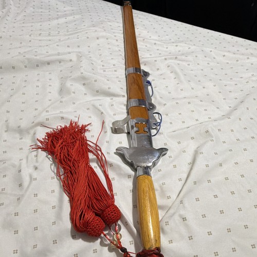 Chinese Style Jian Sword Steel Blade Wood Handle w/ Scabbard & Red Tassel