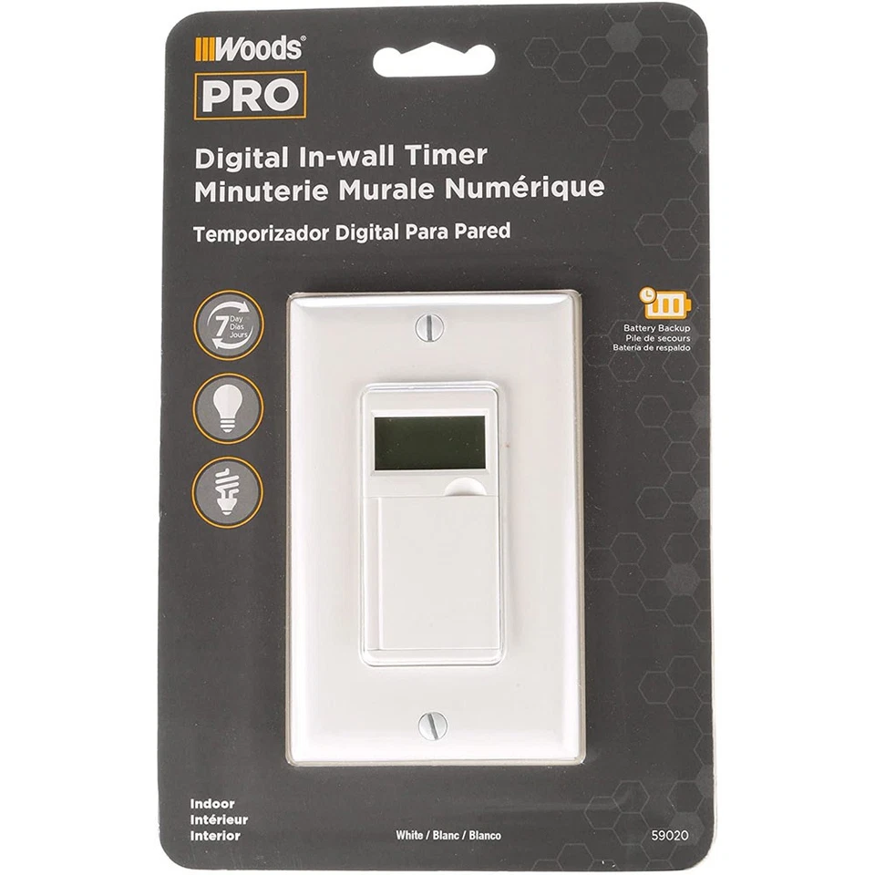 Woods 59020 125V/60Hz Temporizador Digital de Pared 7 Días Programable, Sin Cable Neutro Foto 4 de 4