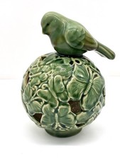 Ceramic Bird Perched On Butterfly Covered Ball Votive Candle Holder Green Spring
