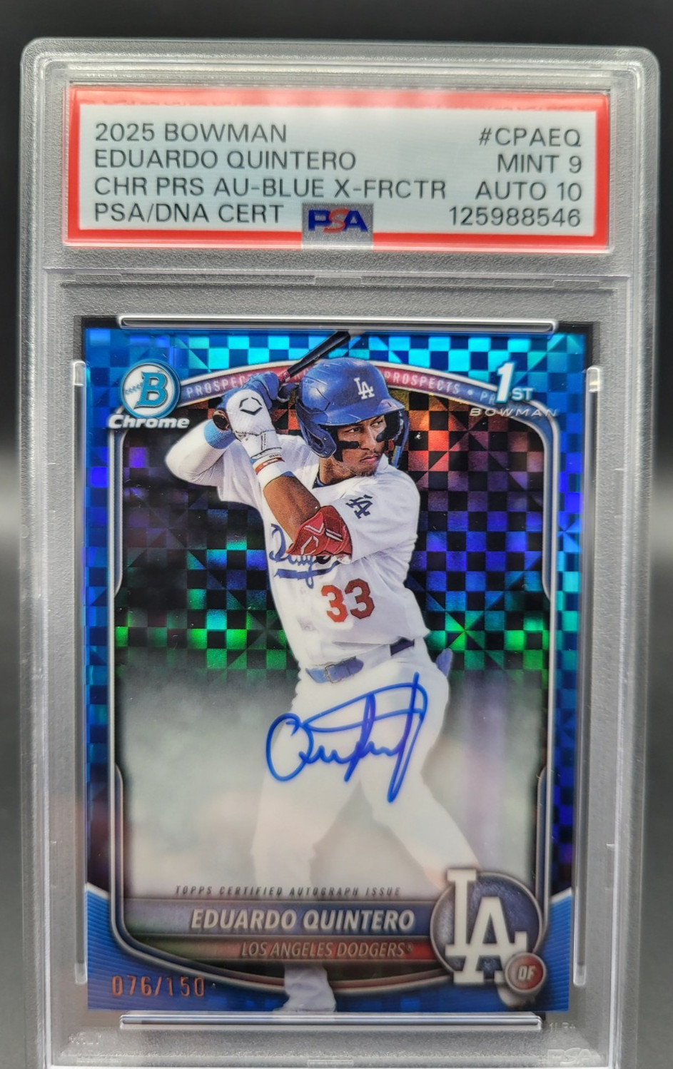 2025 Bowman Eduardo Quintero Chrome Auto Blue X-Fractor 1st /150 PSA 9