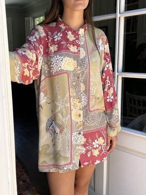 Citron Santa Monica L 100% Silk Blouse Tunic Floral Cranes Red