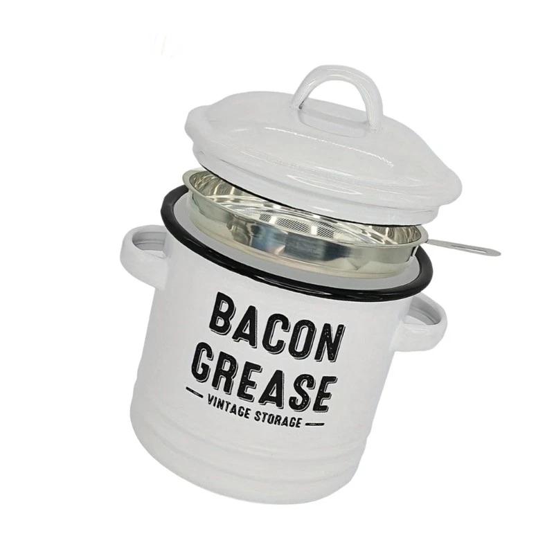 Double Ear jar Enamel Coated Bacons Grease Container with Strainer and Spoon