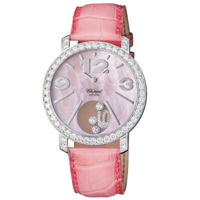 Chopard Ladies White Gold Diamond Happy Diamonds Pink Dial Bezel Wristwatch New