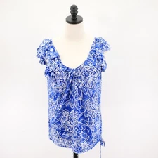 I.N.C. International Concepts XL Blue White Floral Scoop Neck Top Blouse Flutter