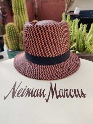 Makins New York Handmade Straw Fedora w/ OG Neiman Marcus Box Size M  (22
