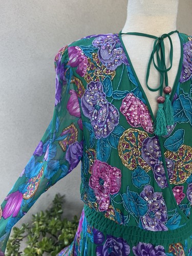 Vtg Silk Chiffon Dress Floral Sz medium Diane Freis Beads Sequins - Picture 6 of 10
