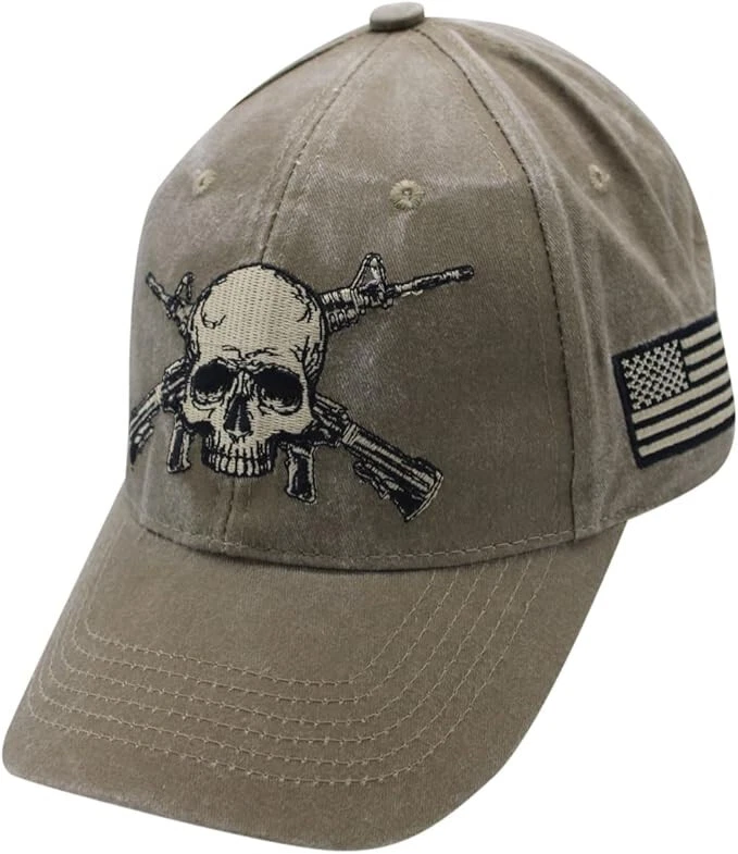 NUEVA Gorra de Béisbol Calavera y Rifle Segunda Enmienda. Caqui lavado. 6960 Foto 2 de 4