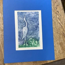 Vintage Screenprint Silkscreen Crane Heron Bird Blue Green Solveig Cherim Matted