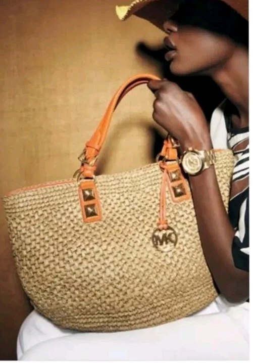MICHAEL Michael Kors Santori Beige/Orange Raffia and Leather Basket Tote 18x12x5 - Image 2 of 4