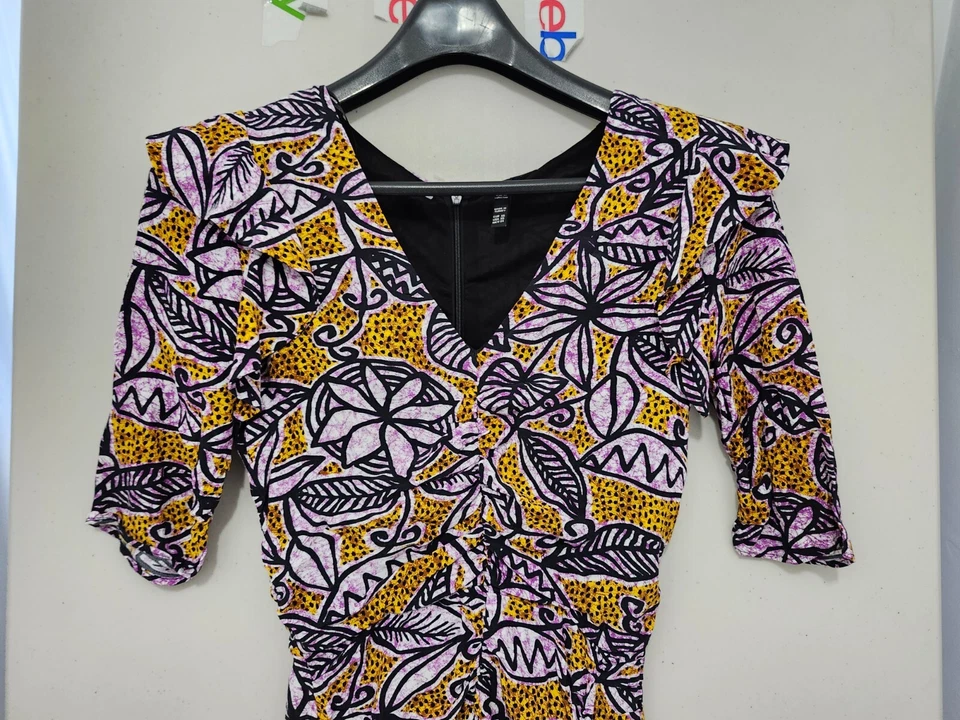 ZARA Dress Womens XS Mini Bodycon Short Sleeve Floral Artsy Geometric Vneck Boho - Image 3 of 4