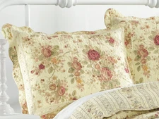 ANTIQUE ROSE QUILTED STANDARD SHAM : CHIC COTTAGE CREAM YELLOW SHABBY RED ROSES