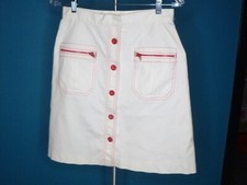 Vtg 70s MOD Button Front Skirt Off White Red Zipper Pockets Waist 28" Sz M/L