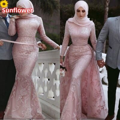 Muslim Mermaid Wedding Dresses High Neck with Detachable Train Lace Bridal Gowns