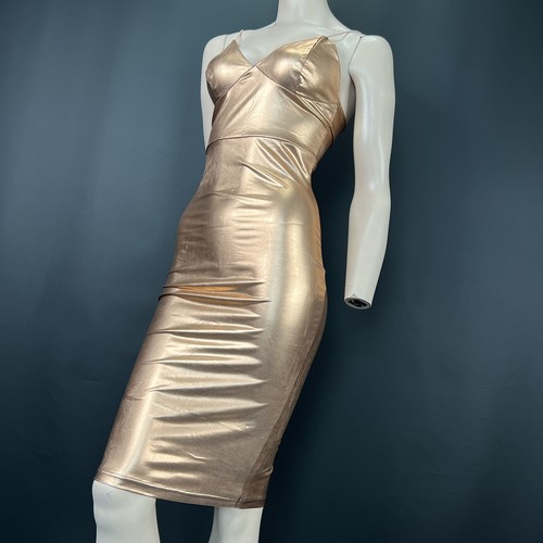 Club L Dress 8 Womens Metallic Gold Foil Strappy Fitted Knee Length Stretchy - Picture 6 of 11