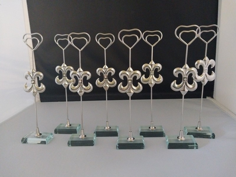 Rare Set of 8 Silver metal jewel Fleur De Lis Photo-Placecard-Buffet Holder EUC