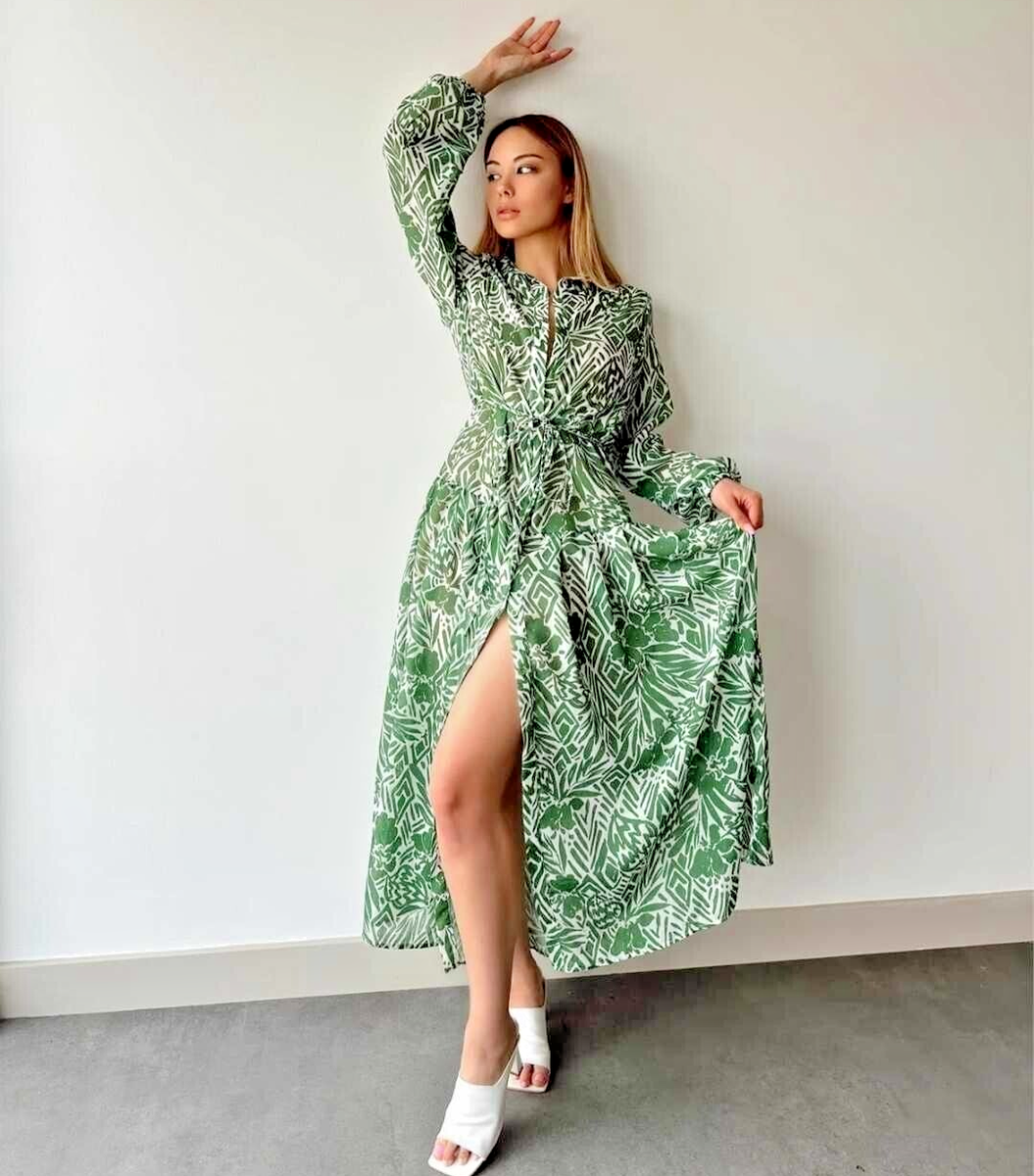 slim fit dress slacks Zara Green Floral Print Open Back Midi Dress (Removable Feather Cuff  included) main image 1