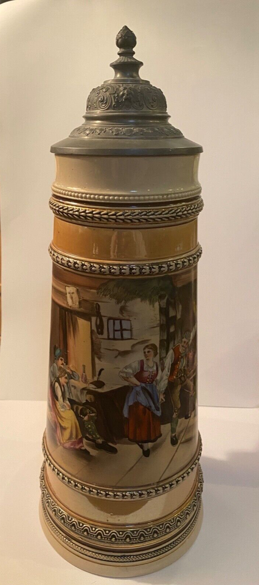 Large 2L Vintage Beer Stein ~ Handpainted German Drinking Scene