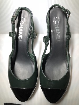 CHANEL Patent Leather Dark Green/Black Cap-Toe Slingback Heels 39