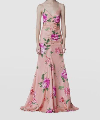 $2990 Carolina Herrera Women's Pink V-Neck Ruched Silk Gown Dress Size 2