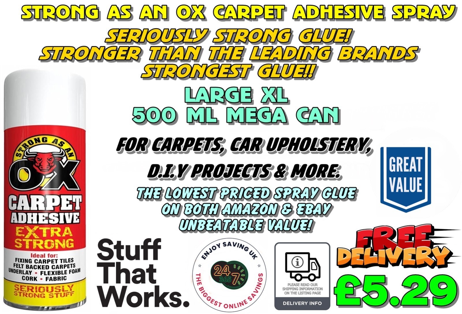 STRONG AS AN OX CARPET SPRAY ADHESIVE GLUE SERIOUSLY STRONG CAR HOME D
