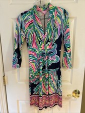 Lilly Pulitzer Dress navy green boarder print tucked V neck 3/4 slv rayon sz XS