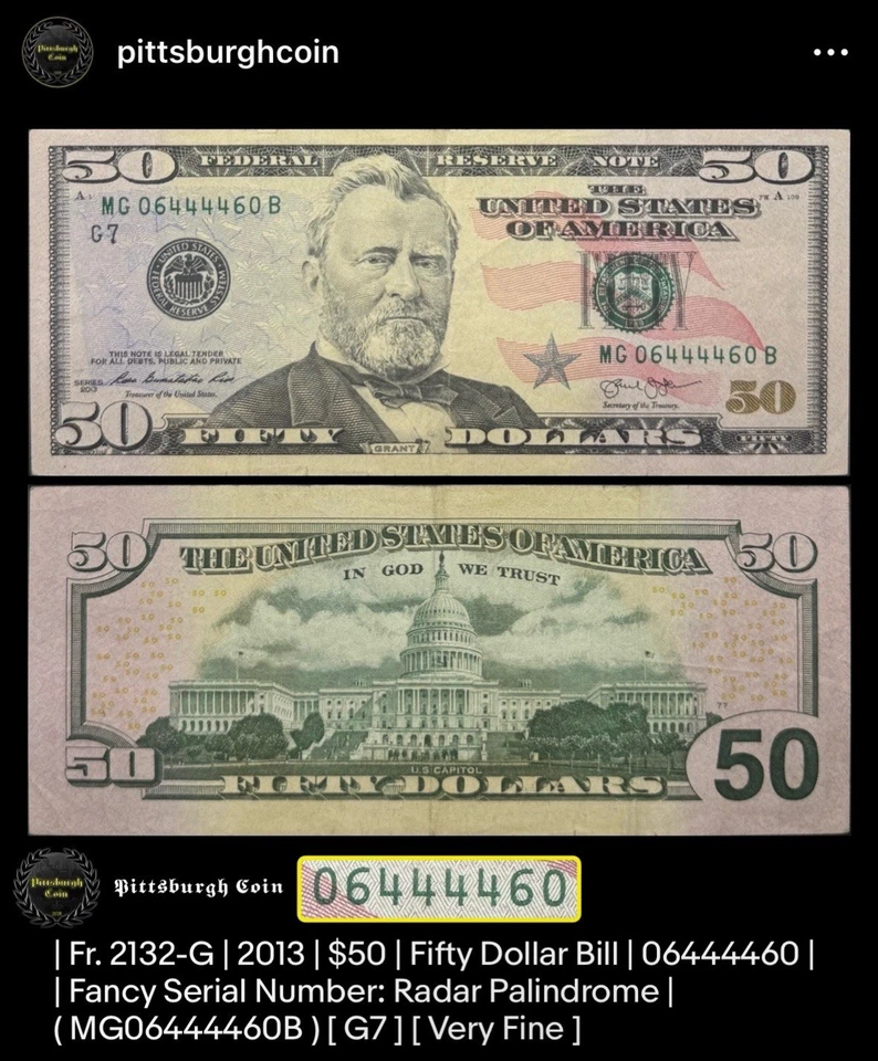 06444460 2013 $50 Fifty Dollar Bill Radar Palindrome Fancy Serial FR 2132-G VF - Image 4 of 4