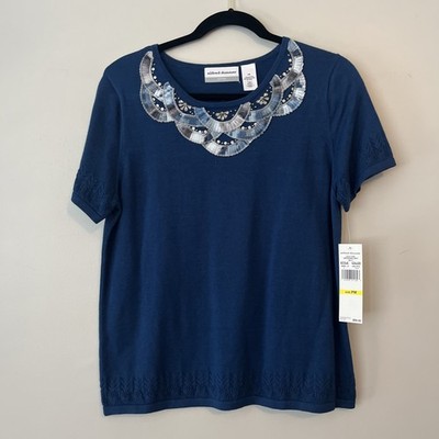 Alfred Dunner Arizona Sky Navy Knit Shortsleeve Top Beaded Petite Medium New