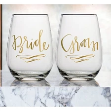 Set - BRIDE GROOM Wedding Bridal Shower Champagne Glasses Drinking Couples Set